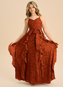 Azazie Peyton Junior Abito A-Line in Burnout Floreale Plissettato Paprika image3