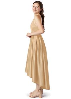 Azazie Jemima Junior Gold A-Line with Pockets Stretch Satin Dress image3