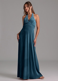 Azazie Tessie Vestidos de damas de honor Vestido de Topacio Azul de terciopelo de Corte en A con Plisado image6