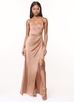 Azazie Maci Bridesmaid Dresses Rose Gold A-Line V-Neck Pleated Stretch Satin Dress image1