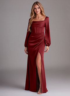 Azazie Charissa Robes de demoiselle d'honneur Robe Fourreau en Satin extensible Manche longue Grenade image4