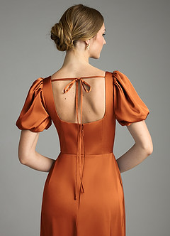 Azazie Fyona Bridesmaid Dresses Cinnamon A-Line Pleated Stretch Satin Dress image2