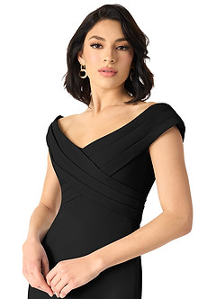 Azazie Evita Bridesmaid Dresses Black A-Line Off the Shoulder Stretch Crepe Dress image4
