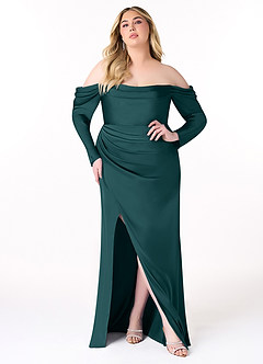 Azazie Hallie Bridesmaid Dresses Pine Sheath Off-The-Shoulder Long Sleeve Stretch Satin Convertible Dress image9