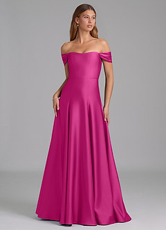 Azazie Seriana Bridesmaid Dresses Fuchsia A-Line Off the Shoulder Stretch Satin Convertible Dress image1