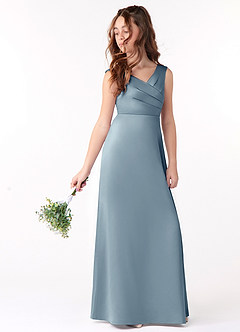 Azazie Sadia Junior Dusty Blue A-Line Pleated Stretch Satin Dress image1