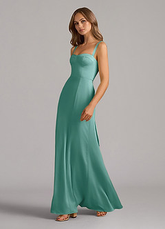 Azazie Amaris Bridesmaid Dresses Aqua A-Line Corset Stretch Satin Dress image4