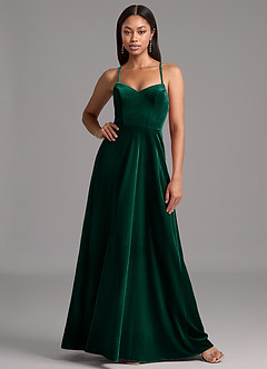 Azazie Mei Bridesmaid Dresses Emerald A-Line Corset Velvet Dress image3