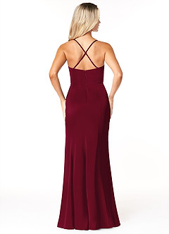 Azazie Marzia Vestidos de damas de honor Vestido de Borgoña de Satén Elástico de Corte Recto con Cuello V Plisado image2