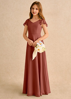 Azazie Nari Girls Formal Robe Demoiselle D'honneur Fillette Robe Trapèze en Mousseline de soie avec manches Auburn image3