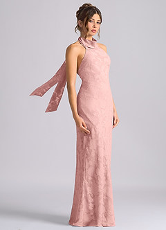 Azazie Velli Bridesmaid Dresses Powder Pink Mermaid High Neck Floral Burnout Dress image4