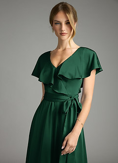 Azazie Lainey Bridesmaid Dresses Dark Green A-Line with Pockets Stretch Satin Dress image6
