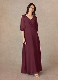 Azazie Bronwyn vestidos de madre de la novia Vestido de Cabernet de Gasa de Corte En A con Cuello de pico fruncido image2