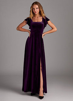 Azazie Bondi Bridesmaid Dresses Grape A-Line Side Slit Velvet Dress image4