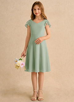 Azazie Narin Girls Formal Flower Girl Dresses Dusty Sage A-Line with Sleeves Chiffon Dress image3