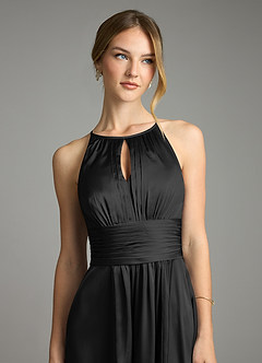 Azazie Bonnie Bridesmaid Dresses Black A-Line Pleated Stretch Satin Dress image2