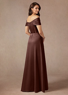 Azazie Amelia Mother of the Bride Dresses Espresso A-Line Off the Shoulder Stretch Satin Dress image2