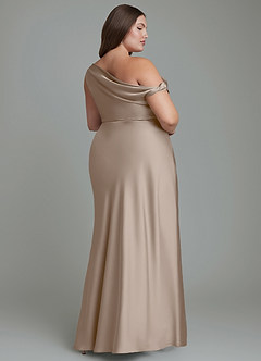 Azazie Emerson Bridesmaid Dresses Taupe Mermaid Off the Shoulder Stretch Satin Dress image2