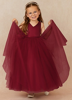 Azazie Marybell Abiti da Ragazza di Fiori Abito A-Line in Tulle Fiocco Borgogna image3
