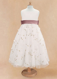 Azazie Pollie Flower Girl Dresses Ivory Dusty Rose A-Line Bow Tulle Dress image11