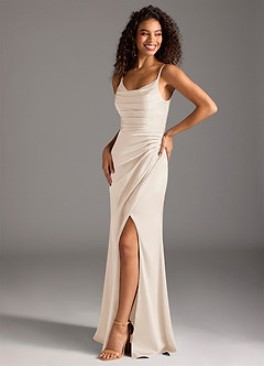 Azazie Deandra Vestidos de damas de honor Vestido de Alabastro Blanco de Satén Elástico de Corte Sirena con Plisado image1
