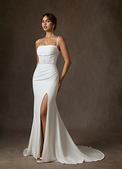 Azazie Alyce Suknie ślubne Syrena Zza ramienia Satyna z tyłu Crepe Pociąg sądowy Sukienka image6