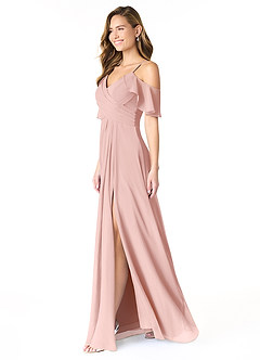 Azazie Dakota Robes de demoiselle d'honneur Robe Trapèze en Mousseline de soie Col V plissé Rose Poudré image7