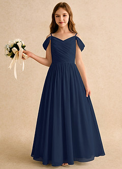 Azazie Chelo Girls Formal vestidos de niña de las flores Vestido de Azul Marino Oscuro de Gasa de Corte en A con Plisado image3