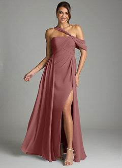 Azazie Kassandra 신부 들러리 드레스 A라인 오프 더 숄더 쉬폰 바닥 길이 드레스 image1