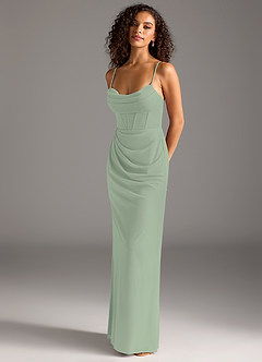Azazie Mai Bridesmaid Dresses Dusty Sage Sheath Pleated Mesh Dress image1