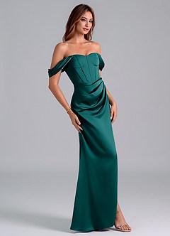 Azazie Asha Bridesmaid Dresses Peacock Sheath Off the Shoulder Stretch Satin Convertible Dress image3