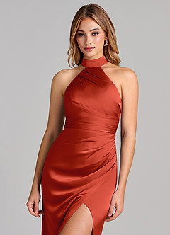 Azazie Karlotta 신부 들러리 드레스 쉬스 주름진 스트레치 새틴 바닥 길이 드레스 image6