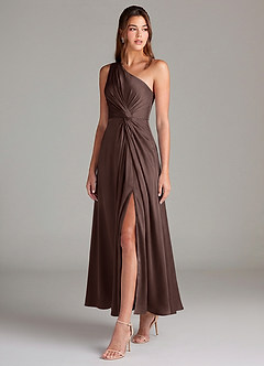 Azazie Brooke Bridesmaid Dresses Ganache A-Line One Shoulder Stretch Satin Dress image3