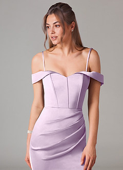 Azazie Everly At-home Try On Dresses Amethyst Mermaid Off the Shoulder Stretch Satin Convertible Dress image2