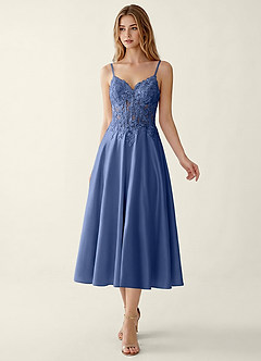 Corinna Stahlblau A-Linien-Maxikleid aus Satin-Spitze mit Korsettmuster image4