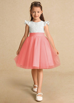 Azazie Vetty Flower Girl Dresses Ivory Coral A-Line Lace Tulle Dress image6