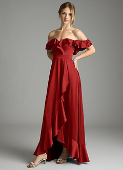Azazie Lyra Bridesmaid Dresses Pomegranate A-Line Off the Shoulder Stretch Satin Convertible Dress image7