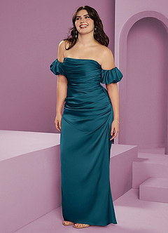 Barbie ♥ Azazie Jurken voor bruidsmeisjes Converteerbaar Jurk van Stretch Satijn met Kolom Off the Shoulder Inkt Blauw image14