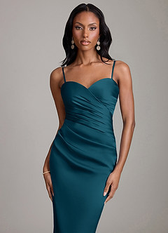 Azazie Sonora Vestidos de damas de honor Vestido de Azul Tinta de Satén Elástico de Corte Recto con Sin tirantes image3