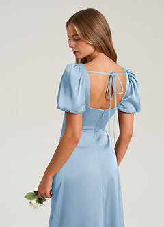 Azazie Fyona Bridesmaid Dresses Powder Blue A-Line Pleated Stretch Satin Dress image13