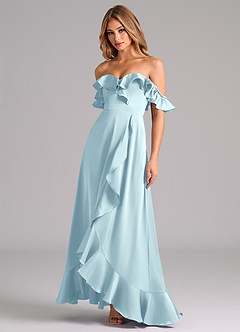Azazie Lyra Robes de demoiselle d'honneur Robe Trapèze Convertible en Satin extensible Épaules dénudées Bleu Nuage image4
