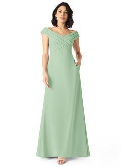 Azazie Evita Robes de demoiselle d'honneur Robe Trapèze en Crêpe Élastique Épaule décolletée Vert Sauge image1