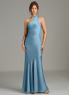 Azazie Jalissa Robes de demoiselle d'honneur Robe Sirène en Satin extensible Asymétrique Acier Bleuté image1