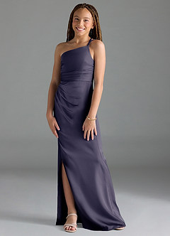 Azazie Eren Junior Stormy Sheath Pleated Stretch Satin Dress image1