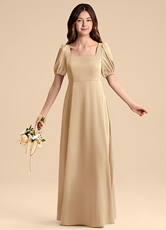 Azazie Briar Junior Vestido de Champán de Satén Elástico de Corte en A con Lazo image5