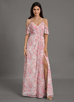 Azazie Dakota Bridesmaid Dresses Abstract Watercolor Floral A-Line V-Neck Pleated Chiffon Dress image1