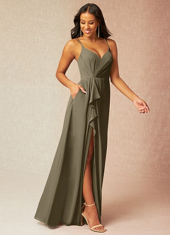 Azazie Kyedae Jurken voor bruidsmeisjes Jurk van Chiffon met A-Lijn V-hals geplooid Wilgengroen image3