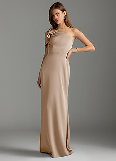 Azazie Rinna Robes de demoiselle d'honneur Robe Sirène en Satin extensible Rayé Taupe image4