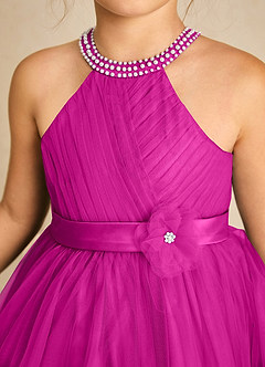 Azazie Honey Flower Girl Dresses Fuchsia A-Line Beaded Matte Satin Dress image6