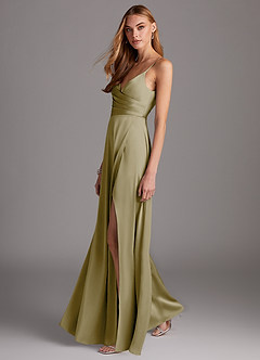 Azazie Calissa Bridesmaid Dresses Moss Green A-Line V-Neck Pleated Stretch Satin Dress image4
